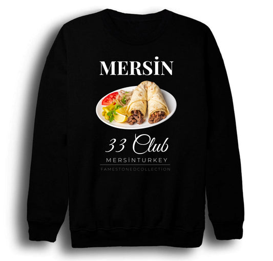 Mersin - 33 - Tantuni - Kızkalesi - Şehir Baskılı Unisex %100 Pamuk Siyah Bisiklet Yaka Sweatshirt