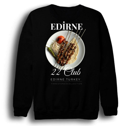 Edirne - 22 - Selimiye - Tava Ciğer - Şehir Baskılı Unisex %100 Pamuk Siyah Bisiklet Yaka Sweatshirt