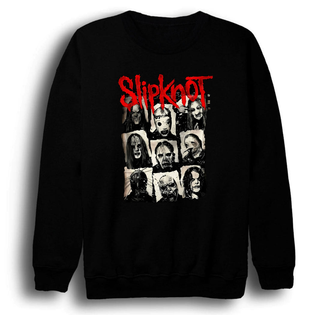 Slipknot Maskeli dokuz üyenin fotoğraf baskılı siyah sweatshirt