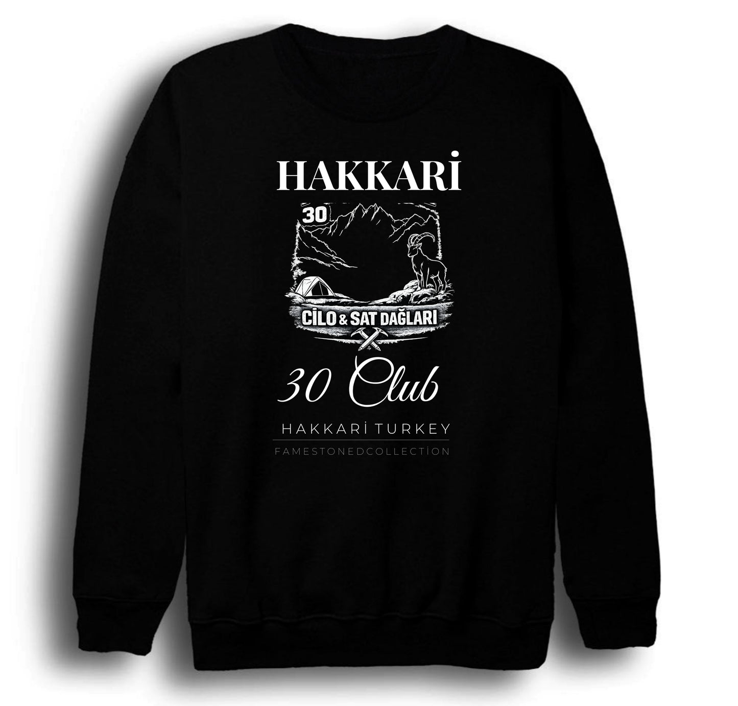 Hakkâri - 30 - Cilo - Sat - Şehir Baskılı Unisex %100 Pamuk Siyah Bisiklet Yaka Sweatshirt