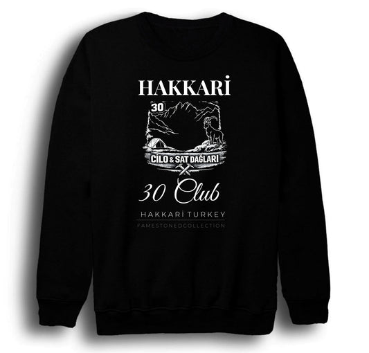 Hakkâri - 30 - Cilo - Sat - Şehir Baskılı Unisex %100 Pamuk Siyah Bisiklet Yaka Sweatshirt