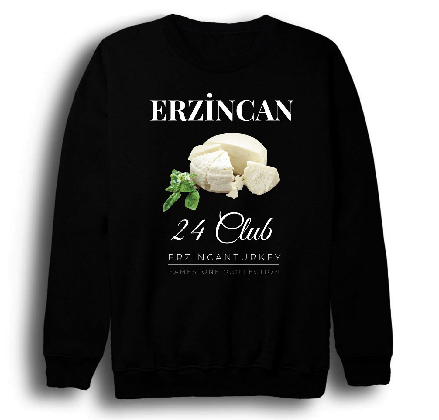 Erzincan 24 Tulum Peyniri Girlevik Şehir Baskılı Unisex %100 Pamuk Siyah Bisiklet Yaka Sweatshirt