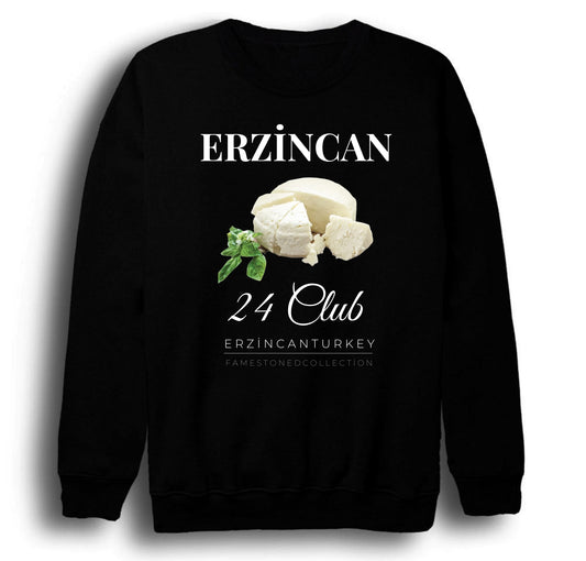 Erzincan 24 Tulum Peyniri Girlevik Şehir Baskılı Unisex %100 Pamuk Siyah Bisiklet Yaka Sweatshirt