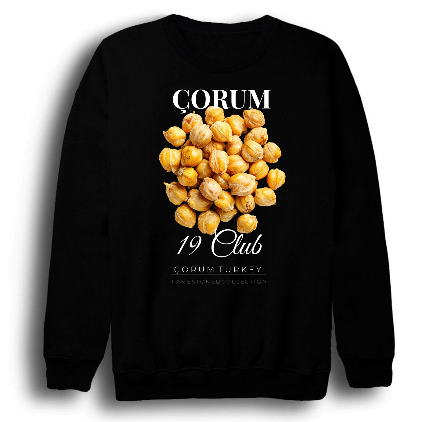 Çorum - 19 - Leblebi - Hattuşa - Şehir Baskılı Unisex %100 Pamuk Bisiklet Yaka Siyah Sweatshirt