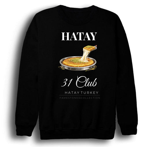 Hatay - 31 - Künefe - Mozaik - Şehir Baskılı Unisex %100 Pamuk Siyah Bisiklet Yaka Sweatshirt