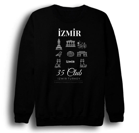 İzmir 35 Kordon Saat Kulesi Efes - Şehir Baskılı Unisex %100 Pamuk Siyah Bisiklet Yaka Sweatshirt