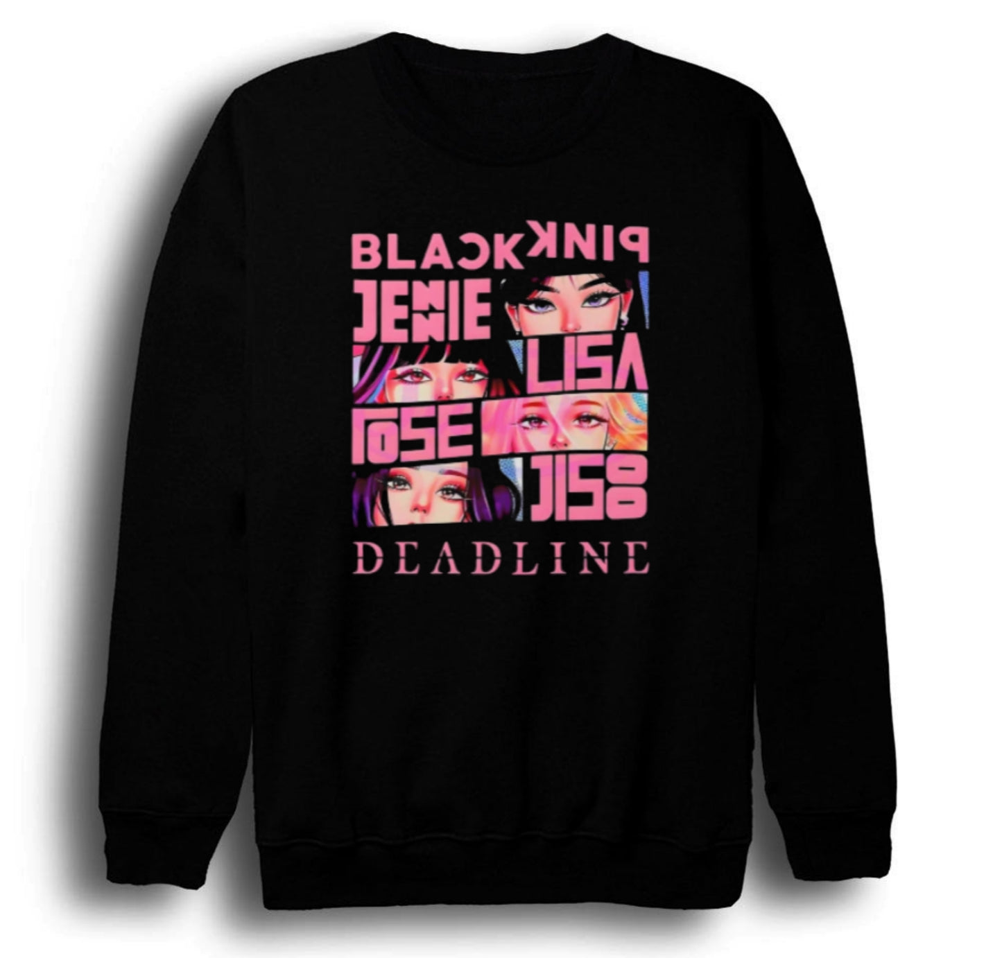 Blackpink -Lisa-Jennie-Jisoo-Rose-Deadline Baskılı Unisex %100 Pamuk Bisiklet Yaka Siyah Sweatshirt