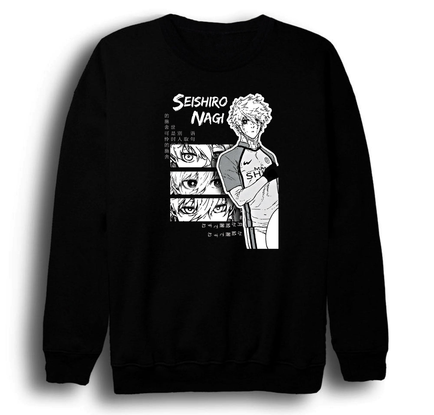 Blue Lock Nagi Seishiro Anime Baskılı Unisex %100 Pamuk Bisiklet Yaka Siyah Sweatshirt