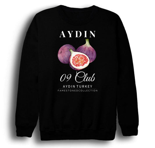 Aydın 09 İncir -Meyve - Sahil - Beach Şehir Baskılı Unisex %100 Pamuk Bisiklet Yaka Siyah Sweatshirt
