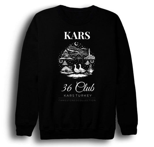 Kars36 Ani Harabeleri Kars Kalesi Kaz Şehir Baskılı Unisex %100 Pamuk Siyah Bisiklet Yaka Sweatshirt
