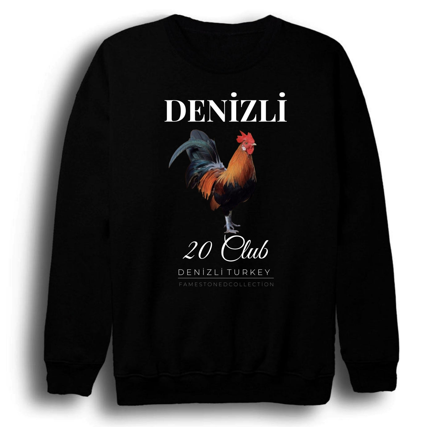 Denizli - 20 - Pamukkale - Horoz - Şehir Baskılı Unisex %100 Pamuk Siyah Bisiklet Yaka Sweatshirt