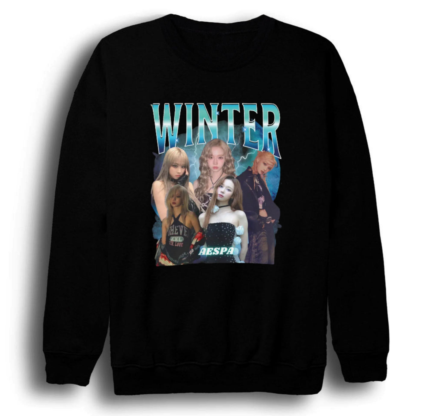 Aespa - Winter - K-Pop Baskılı Unisex %100 Pamuk Bisiklet Yaka Siyah Sweatshirt