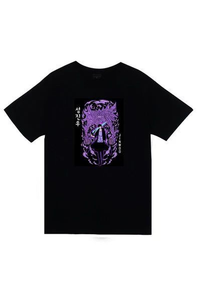 fame-stoned  Solo Leveling Sung Jin Woo Anime Baskılı Unisex %100 Pamuk Siyah T-shirt