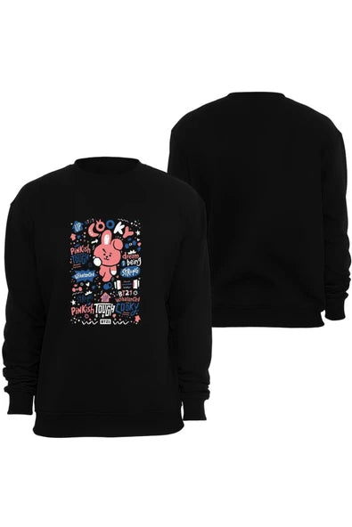 Bt21 Bts Anime Cooky karakteri ve doodle baskılı siyah sweatshirt