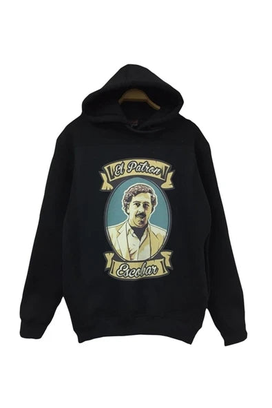 Pablo Escobar El Patrón baskılı siyah kapüşonlu sweatshirt