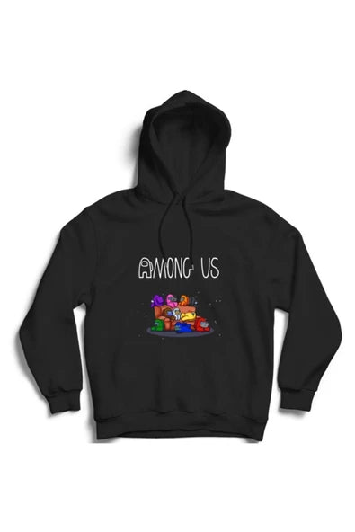 fame-stoned Erkek Siyah Among Us Oyun Baskılı Kapüşonlu Sweatshirt