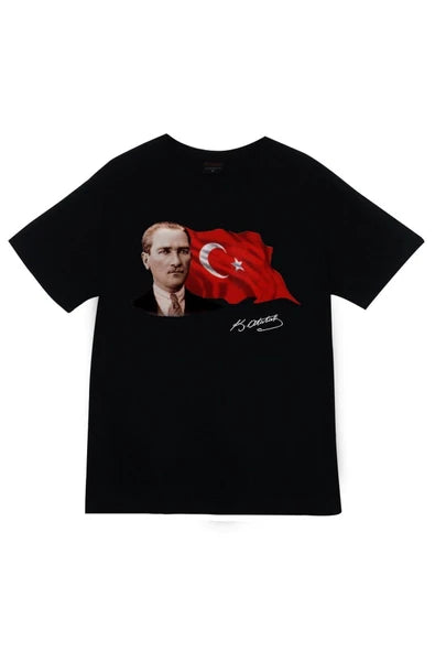 fame-stoned  Gazi Mustafa Kemal Atatürk Baskılı Unisex %100 Pamuk Siyah T-shirt