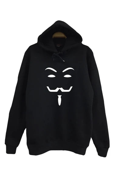 V For Vendetta baskılı siyah kapüşonlu sweatshirt