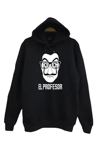 La Casa De Papel Dali maskesi, El Profesor baskılı siyah kapüşonlu sweatshirt