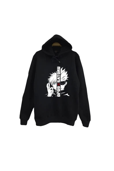 fame-stoned Jujutsu Kaisen Satoru Gojo Anime Baskılı Unisex %100 Pamuk Kapüşonlu Siyah Sweatshirt