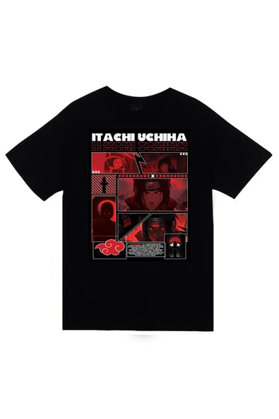 fame-stoned Naruto Itachi Uchiha Anime Baskılı Unisex %100 Pamuk Siyah T-shirt