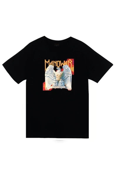 Manowar Battle Hymns' tarzı kanatlı baskılı siyah tişört