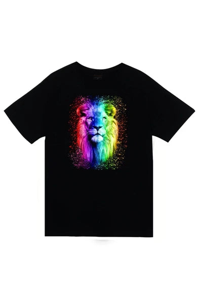 fame-stoned  Aslan Baskılı Unisex %100 Pamuk Siyah T-shirt
