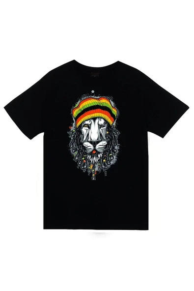 fame-stoned  Aslan Baskılı Unisex %100 Pamuk Siyah T-shirt