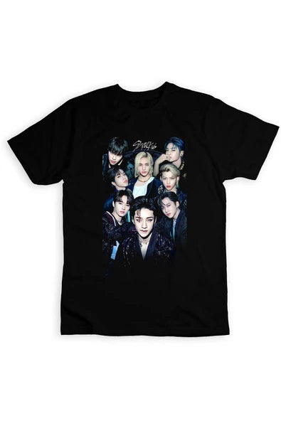 fame-stoned  Stray Kids K-pop Müzik Grubu Baskılı Unisex %100 Pamuk Siyah T-shirt