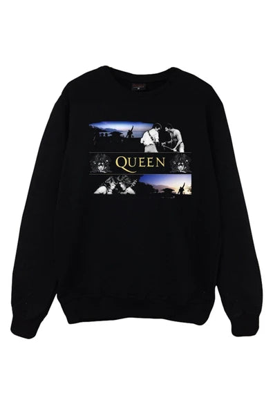 Queen Konser fotoğrafları kolajı baskılı siyah sweatshirt