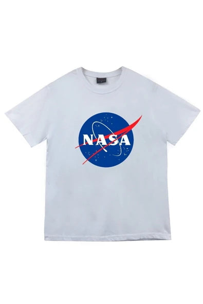 Unisex Beyaz Nasa Meatball logosu baskılı beyaz tişört