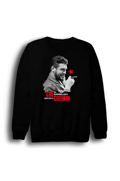fame-stoned Che Guevera Baskılı Unisex %100 Pamuk Siyah Bisiklet Yaka Sweatshirt