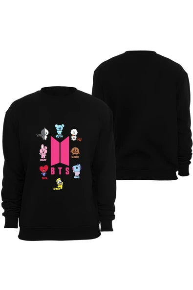 Bt21 Bts Anime Logosu ve karakterleri baskılı siyah sweatshirt