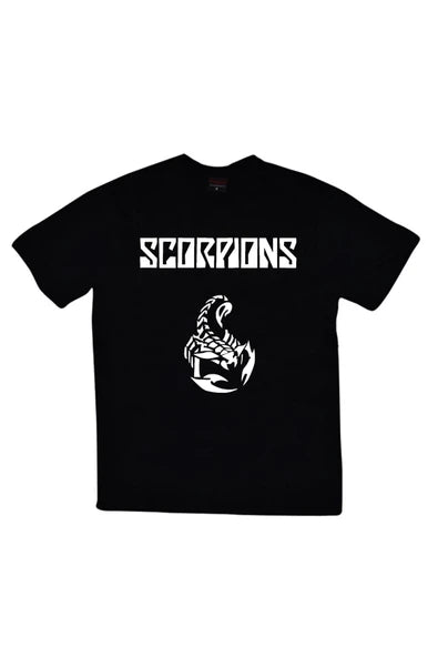 Scorpions Logosu ve akrep amblemi baskılı siyah tişört