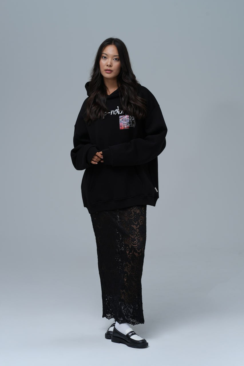 Mona Lisa Top-Notch Baskı & Nakış Detaylı %100 Pamuk Unisex Siyah Kapüşonlu Sweatshirt