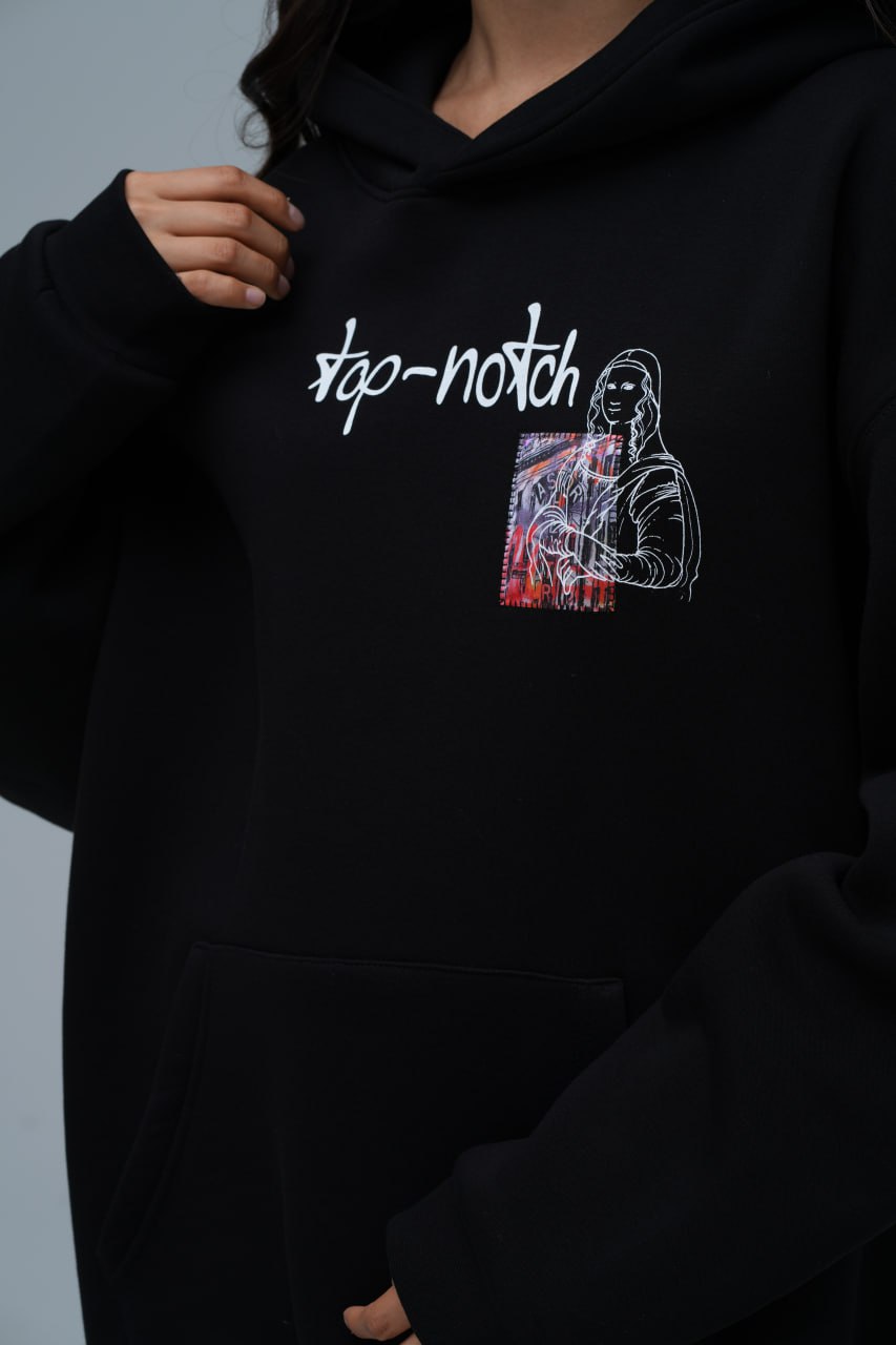 Mona Lisa Top-Notch Baskı & Nakış Detaylı %100 Pamuk Unisex Siyah Kapüşonlu Sweatshirt