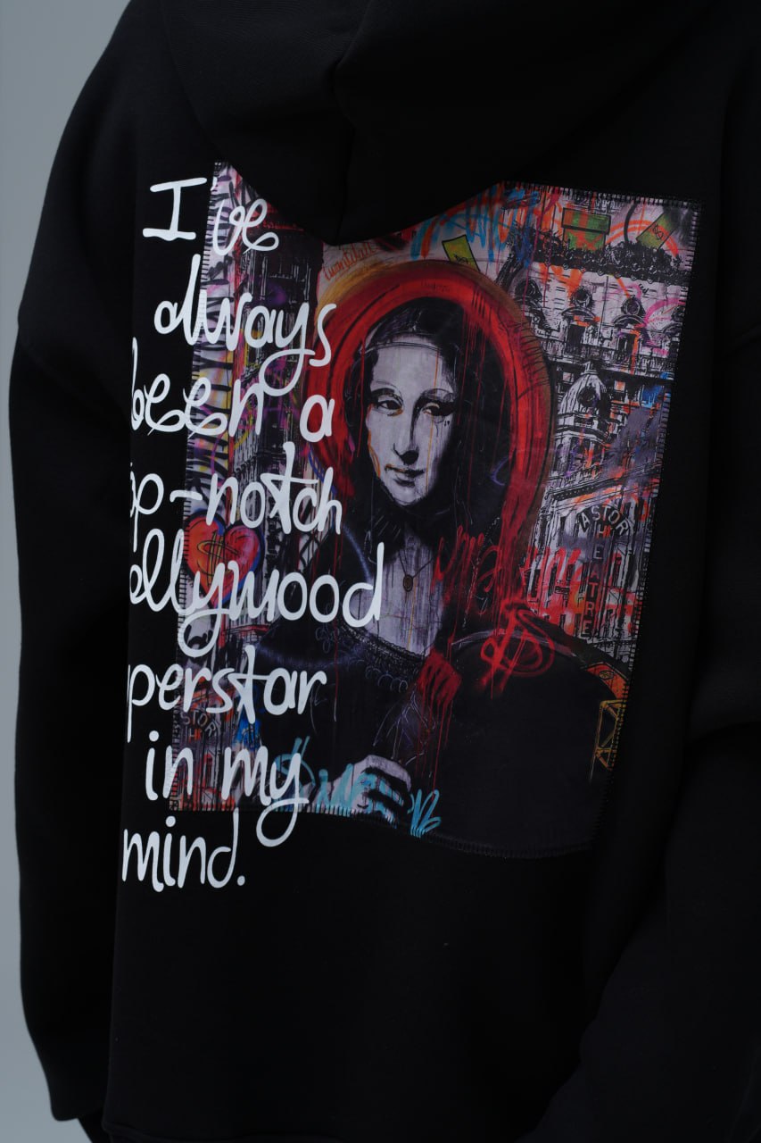 Mona Lisa Top-Notch Baskı & Nakış Detaylı %100 Pamuk Unisex Siyah Kapüşonlu Sweatshirt
