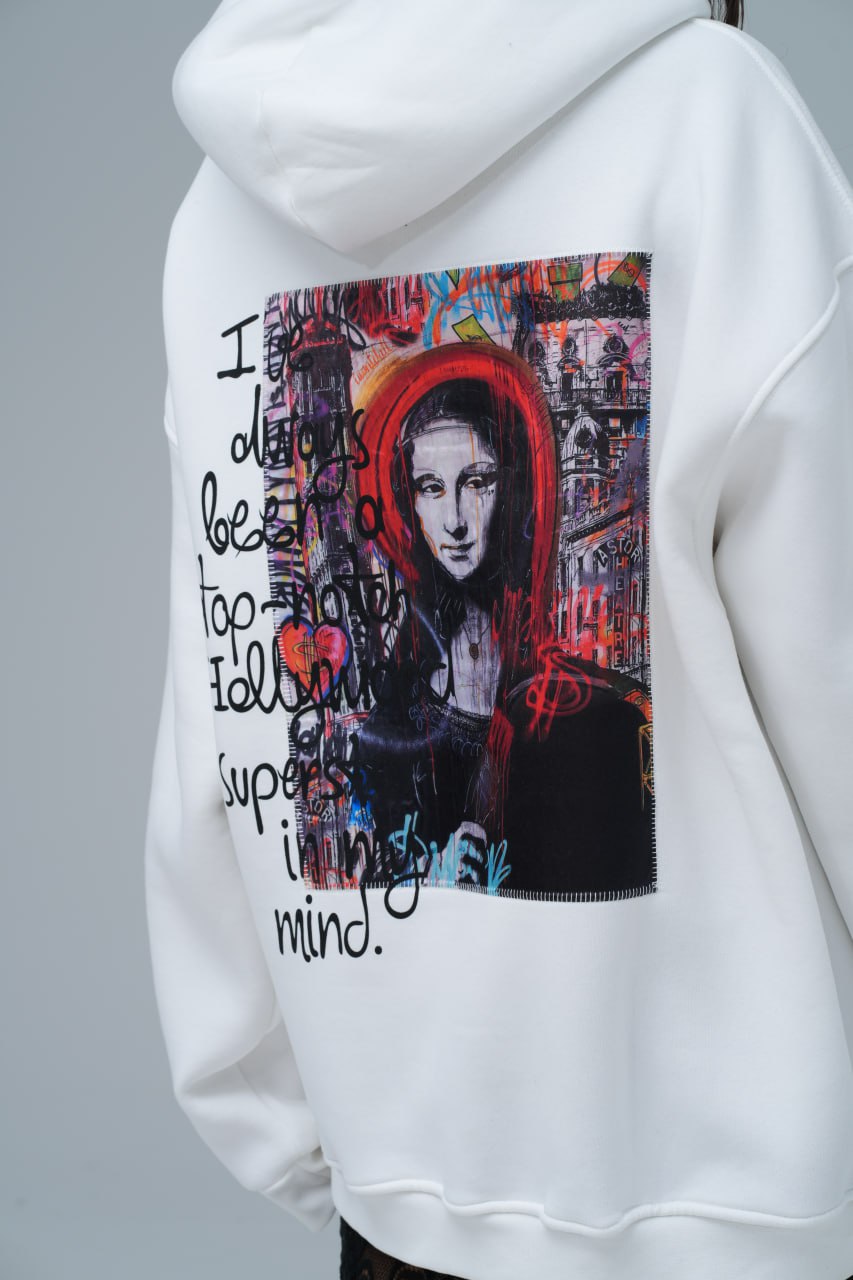 Mona Lisa Top-Notch Baskı & Nakış Detaylı %100 Pamuk Unisex Beyaz Kapüşonlu Sweatshirt