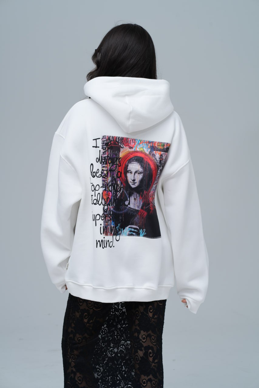 Mona Lisa Top-Notch Baskı & Nakış Detaylı %100 Pamuk Unisex Beyaz Kapüşonlu Sweatshirt