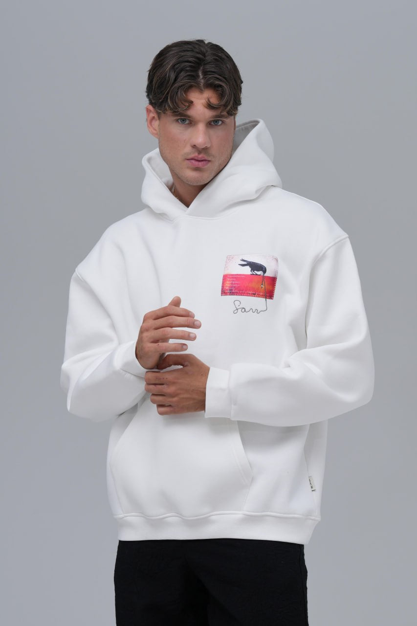 Karga Sol Logo, Sırt Baskı & Nakış Detaylı %100 Pamuk Unisex Beyaz Kapüşonlu Sweatshirt