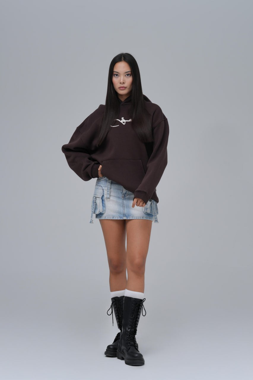 Hâl Baskılı Nakışlı %100 Pamuk Kapüşonlu Unisex Oversize Kahverengi Sweatshirt