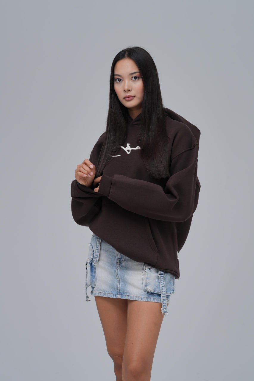 Hâl Baskılı Nakışlı %100 Pamuk Kapüşonlu Unisex Oversize Kahverengi Sweatshirt