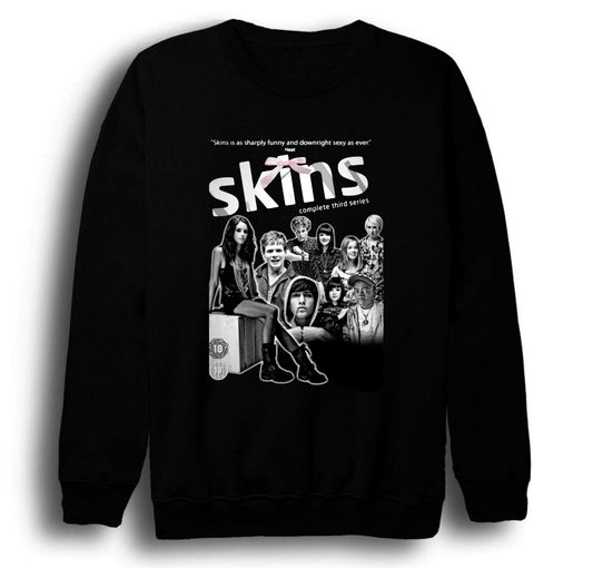 Skins - Dizi - Film Baskılı Unisex %100 Pamuk Siyah Bisiklet Yaka Sweatshirt