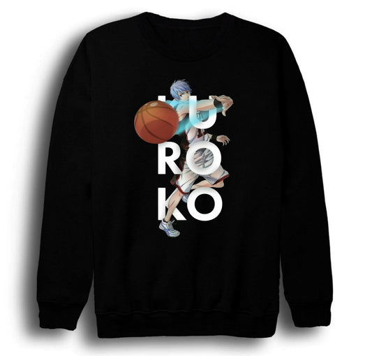 Kuroko no Basket - Tetsuya Kuroko - Anime Baskılı Unisex %100 Pamuk Siyah Bisiklet Yaka Sweatshirt