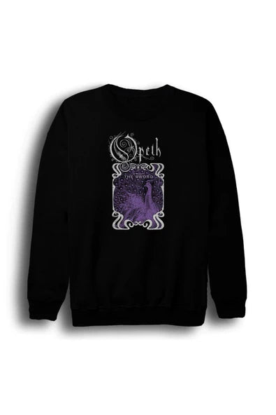 Opeth - Müzik Grubu Logosu ve mor tavus baskılı siyah sweatshirt