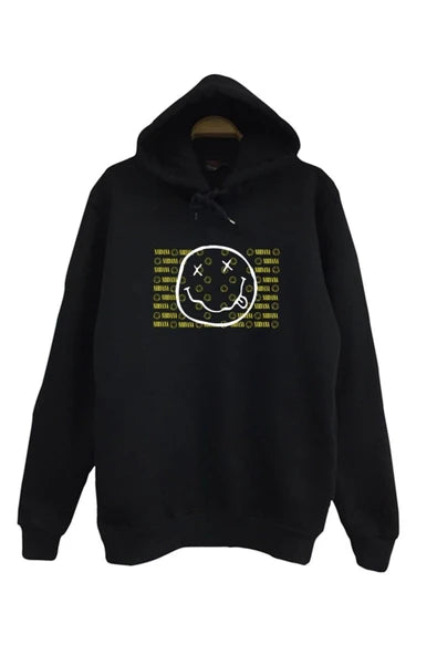 Nirvana-kurt Cobain Sarı gülen yüz logosu baskılı siyah kapüşonlu sweatshirt