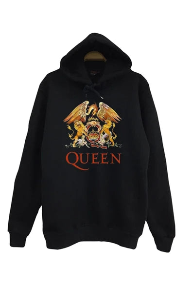 Queen Altın arma logosu baskılı siyah kapüşonlu sweatshirt