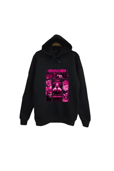 Jujutsu Kaisen - Ryomen Sukuna Pembe-magenta baskılı siyah kapüşonlu sweatshirt