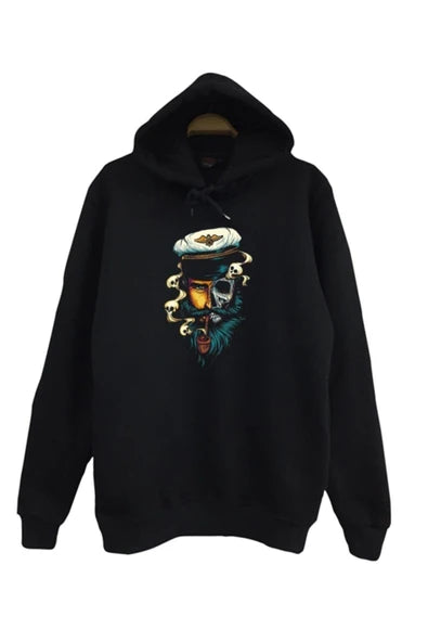 Kuru Kafa Korsan baskılı siyah kapüşonlu sweatshirt