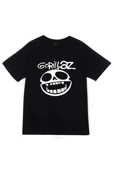 Gorillaz Logosu ve sırıtan kafatası baskılı siyah tişört